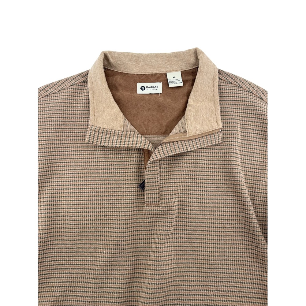 Haggar Clothing Quarter Zip Pullover XL Cotton Blend Brown Houndstooth Classic